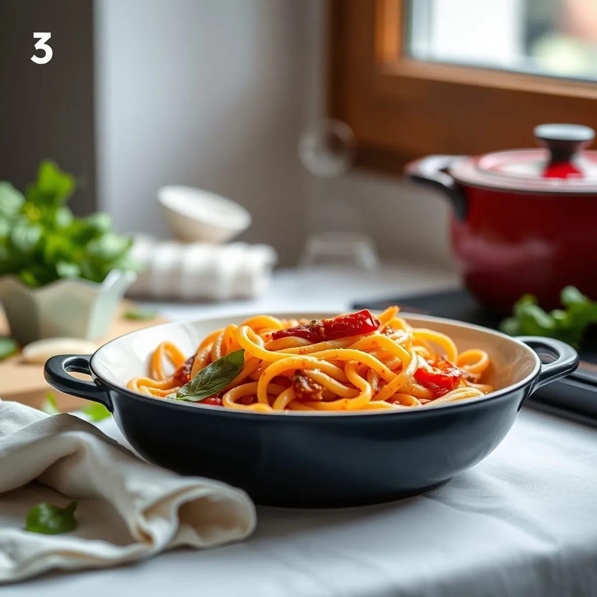 Penne arrabbiata, step 4. AI-generated photo.