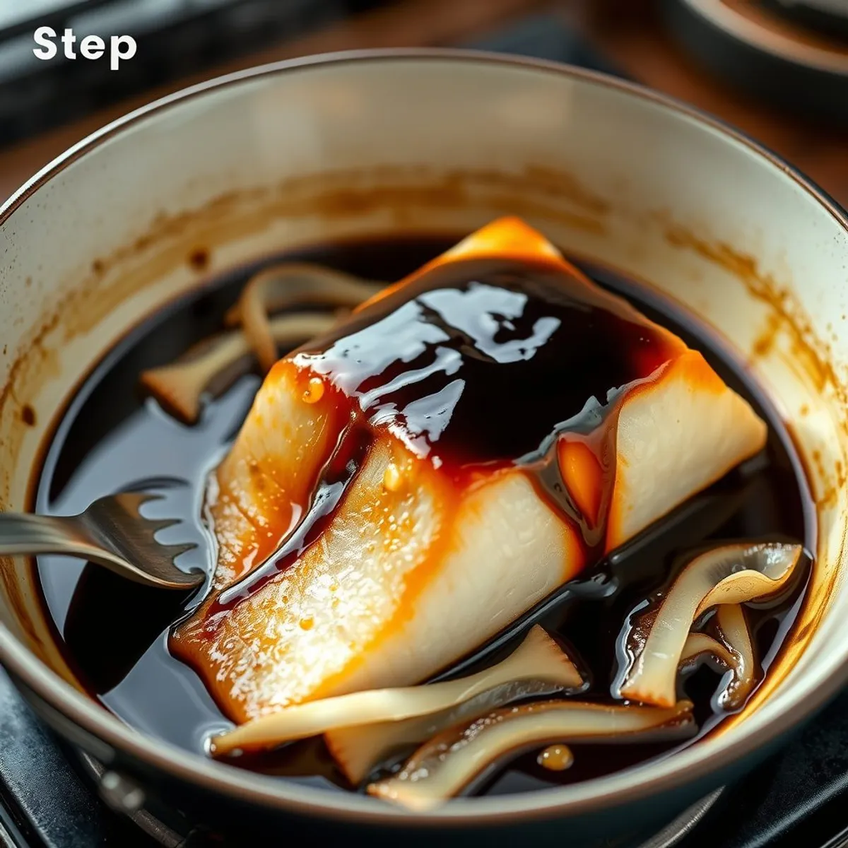 AI-generated photo Miso-glazed cod, step 3. AI-generated photo.