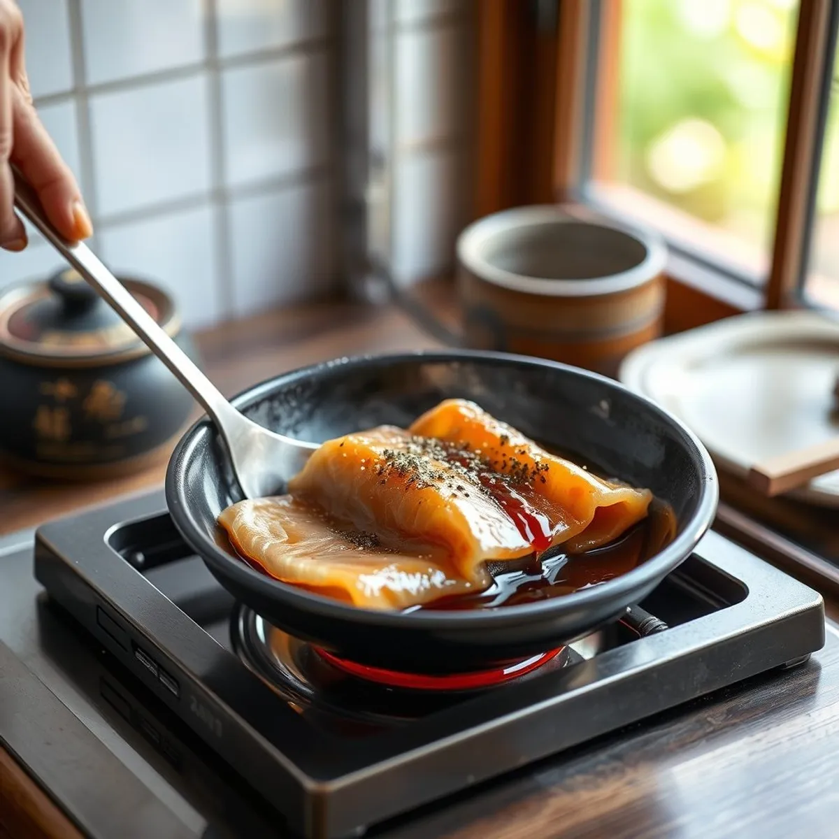 Unagi donburi, step 3. AI-generated photo.