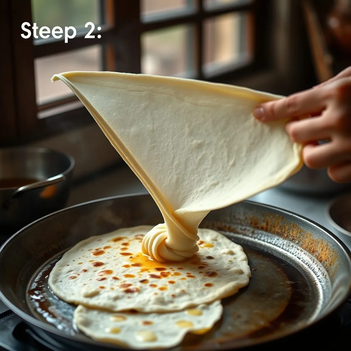 AI-generated photo Roti canai, step 2. AI-generated photo.