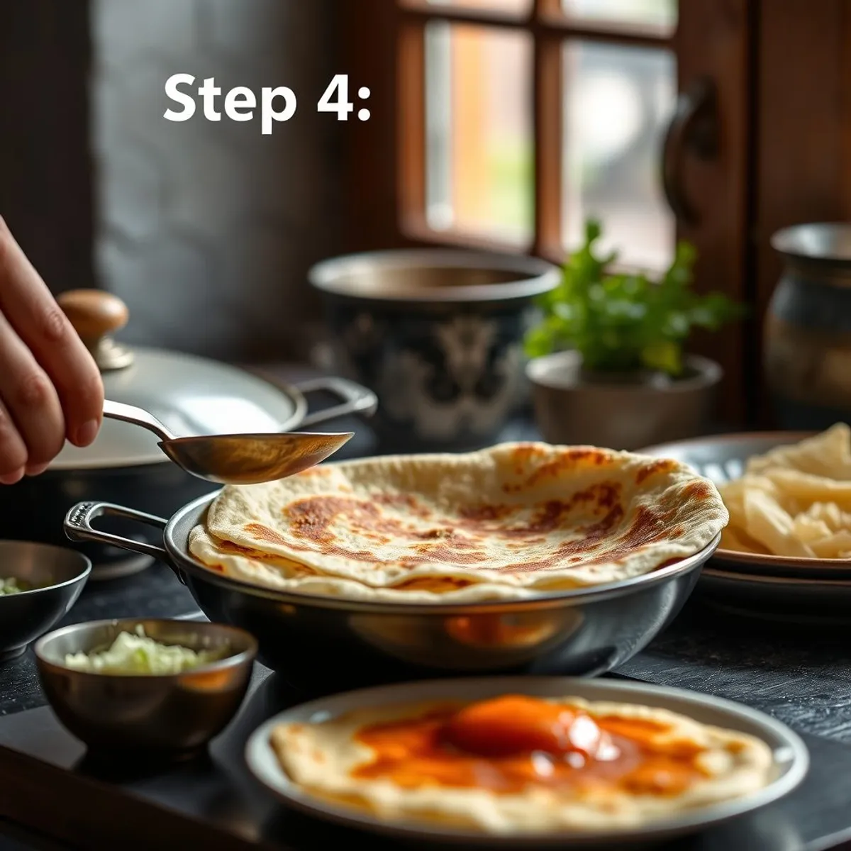 AI-generated photo Roti canai, step 4. AI-generated photo.
