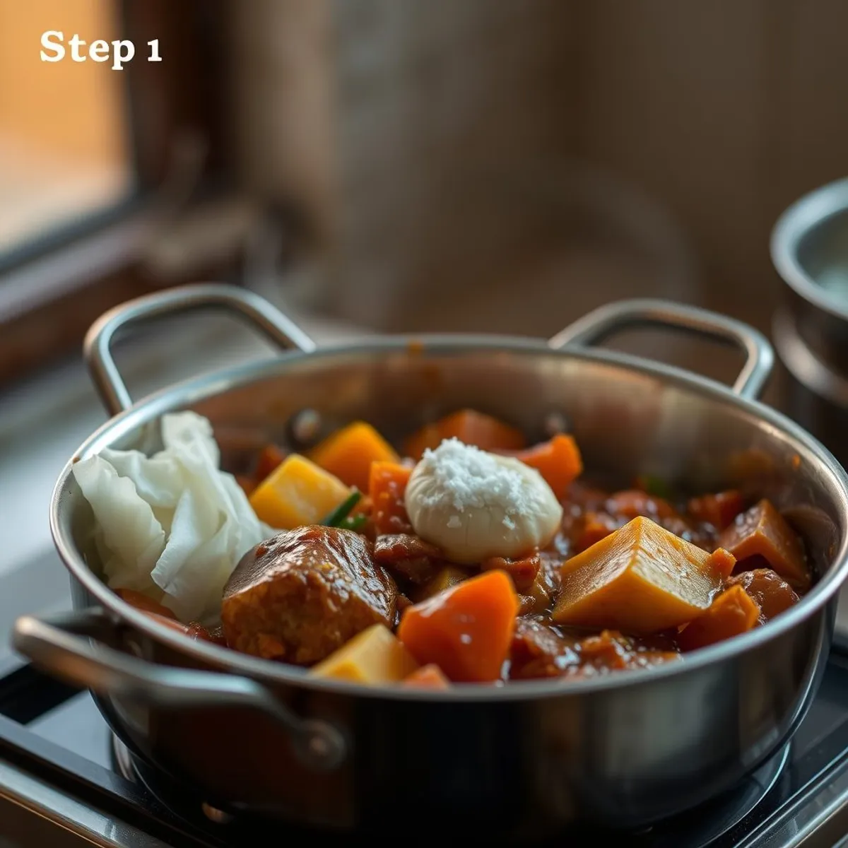 AI-generated photo Ofada stew, step 1. AI-generated photo.