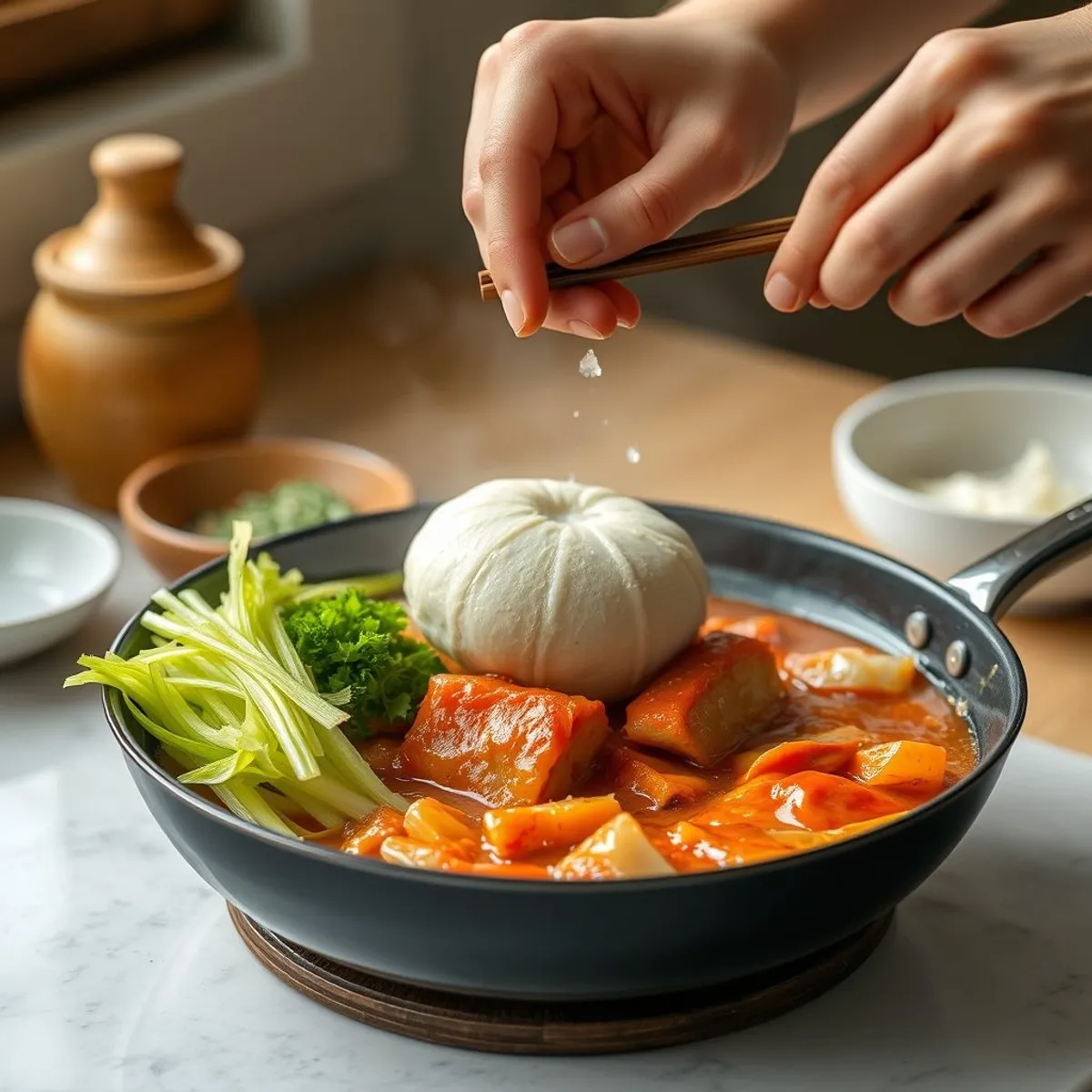 Kimchi jjigae, step 1. AI-generated photo.