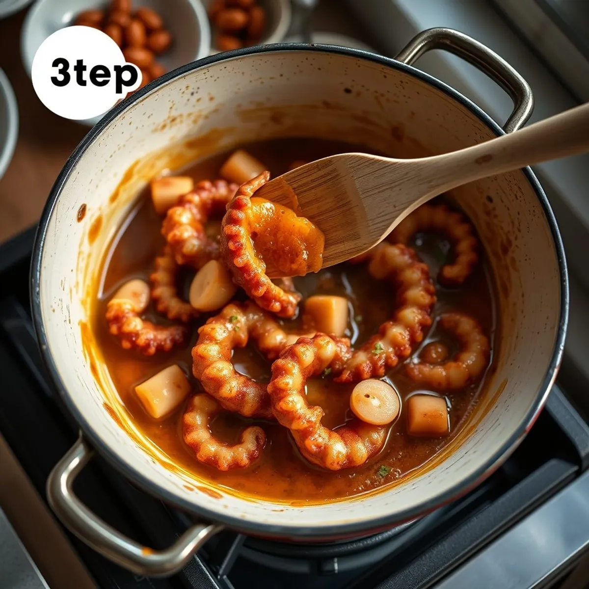 AI-generated photo Galician octopus, step 3. AI-generated photo.