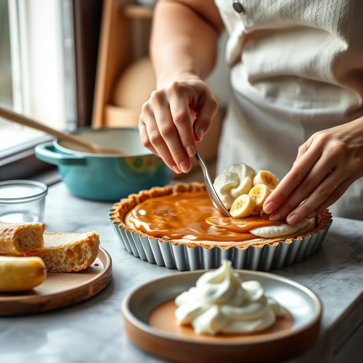 AI-generated photo Banoffee pie, step 2. AI-generated photo.