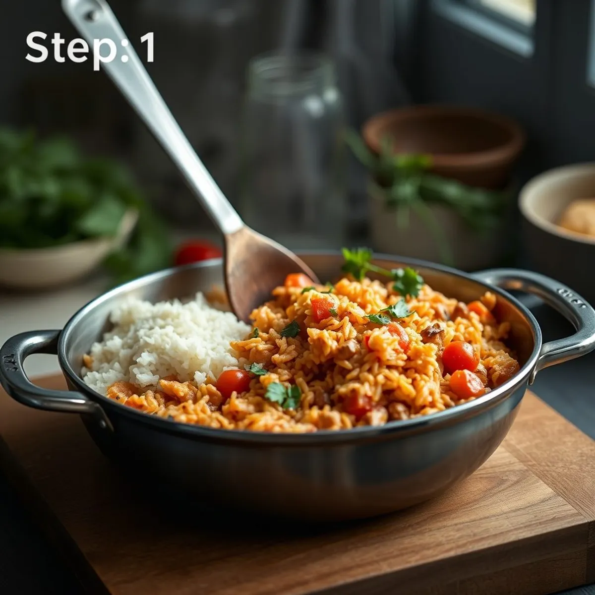 AI-generated photo Rice jambalaya, step 1. AI-generated photo.