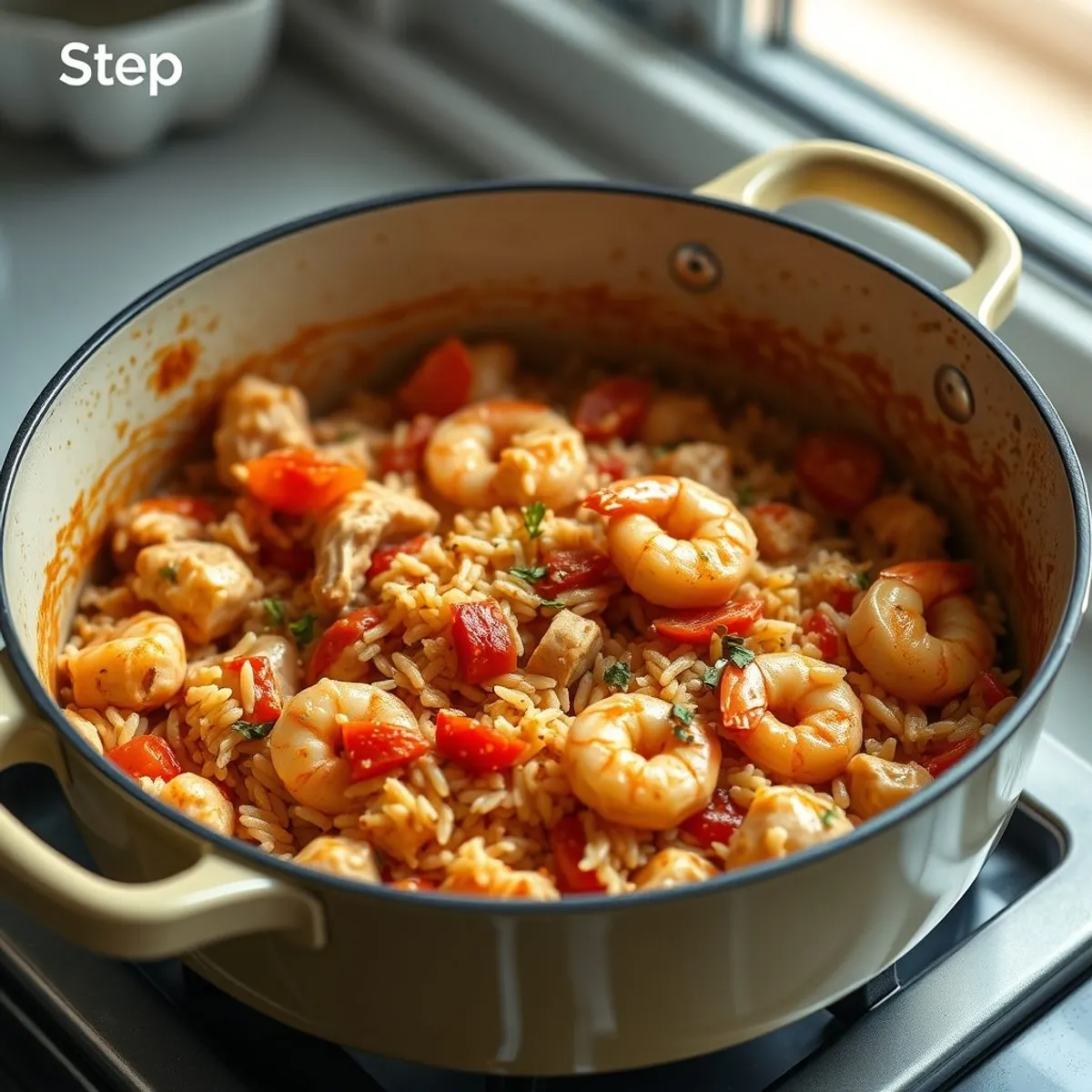 AI-generated photo Rice jambalaya, step 2. AI-generated photo.