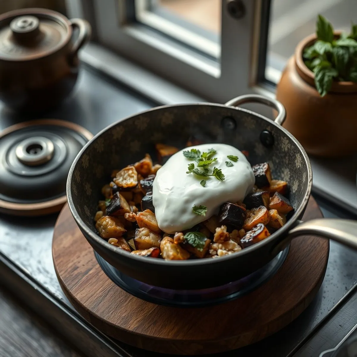 AI-generated photo Eggplant with yogurt, step 1. AI-generated photo.