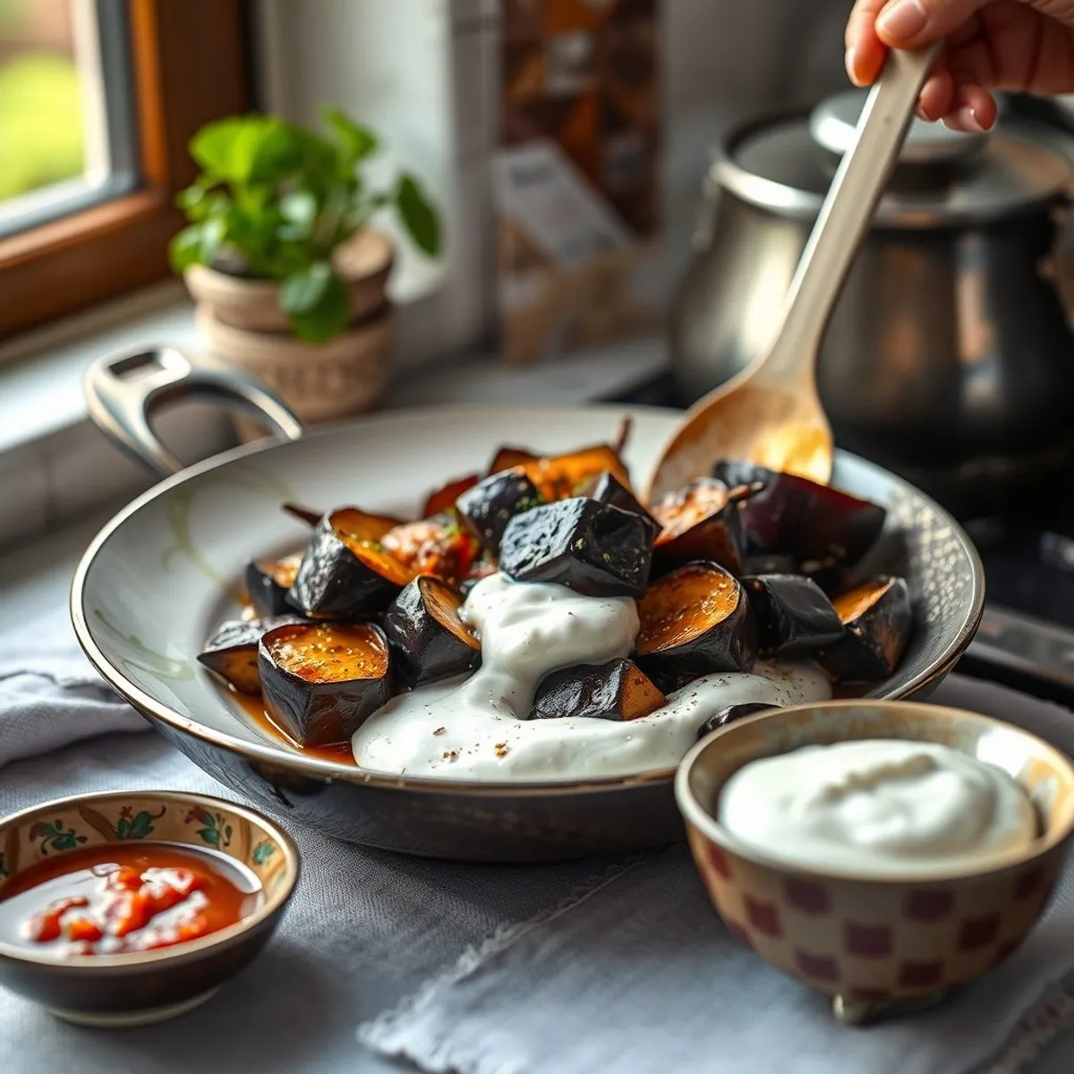 AI-generated photo Eggplant with yogurt, step 4. AI-generated photo.