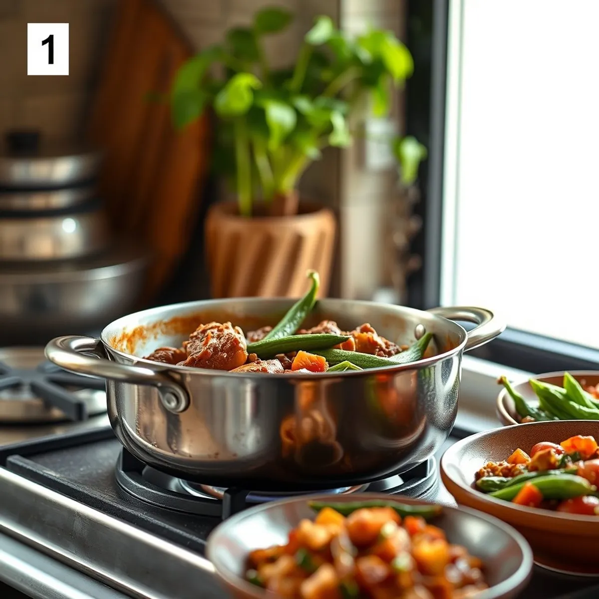 Okra and lamb, step 1. AI-generated photo.