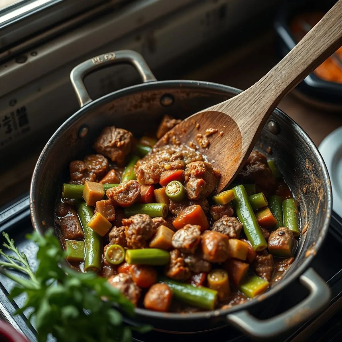 Okra and lamb, step 2. AI-generated photo.