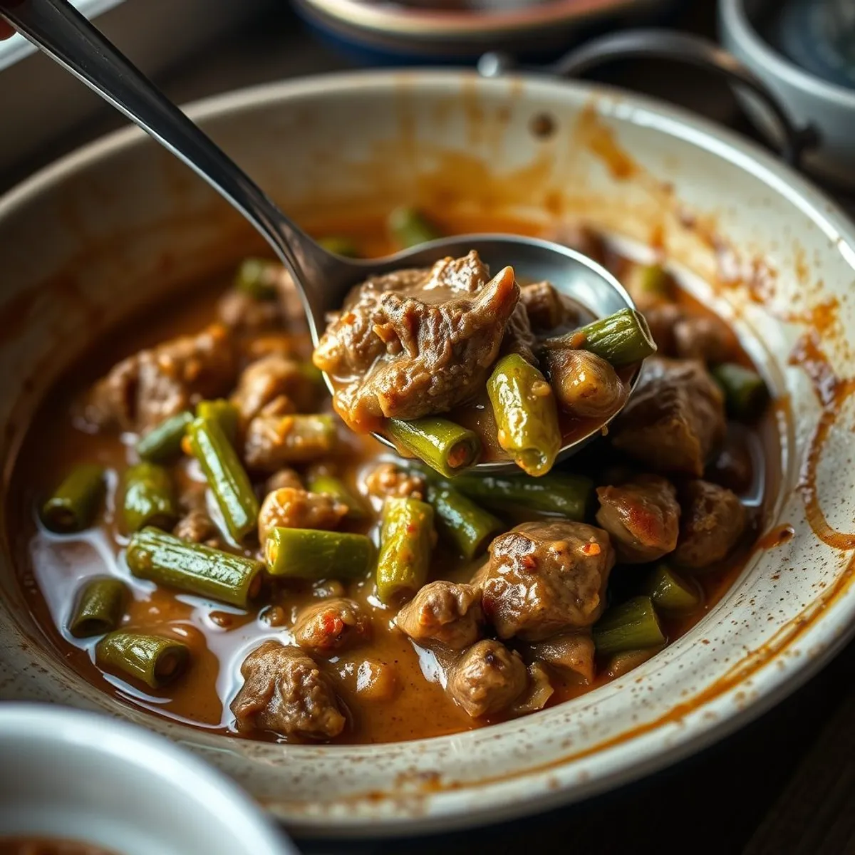 Okra and lamb, step 4. AI-generated photo.