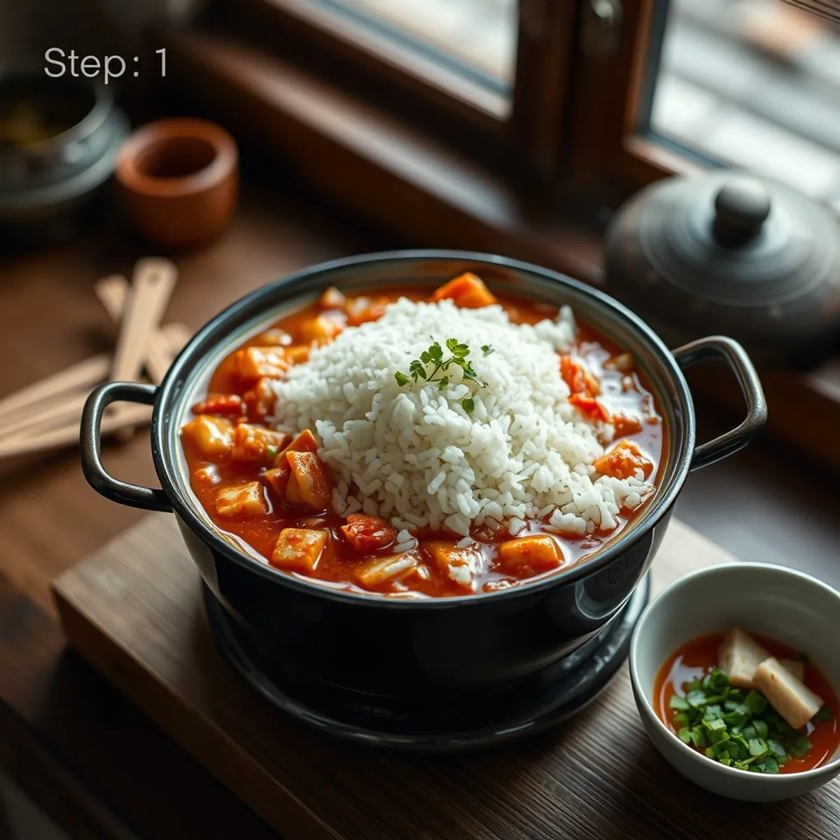 AI-generated photo Kimchi Tofu Stew, step 1. AI-generated photo.