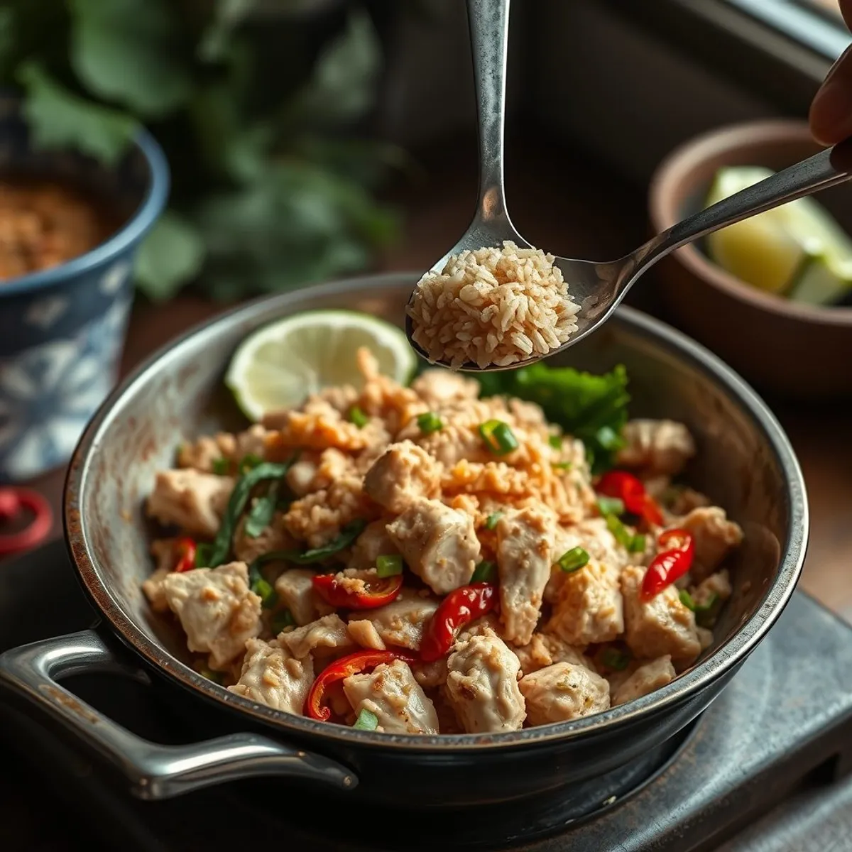 AI-generated photo Chicken larb, step 2. AI-generated photo.
