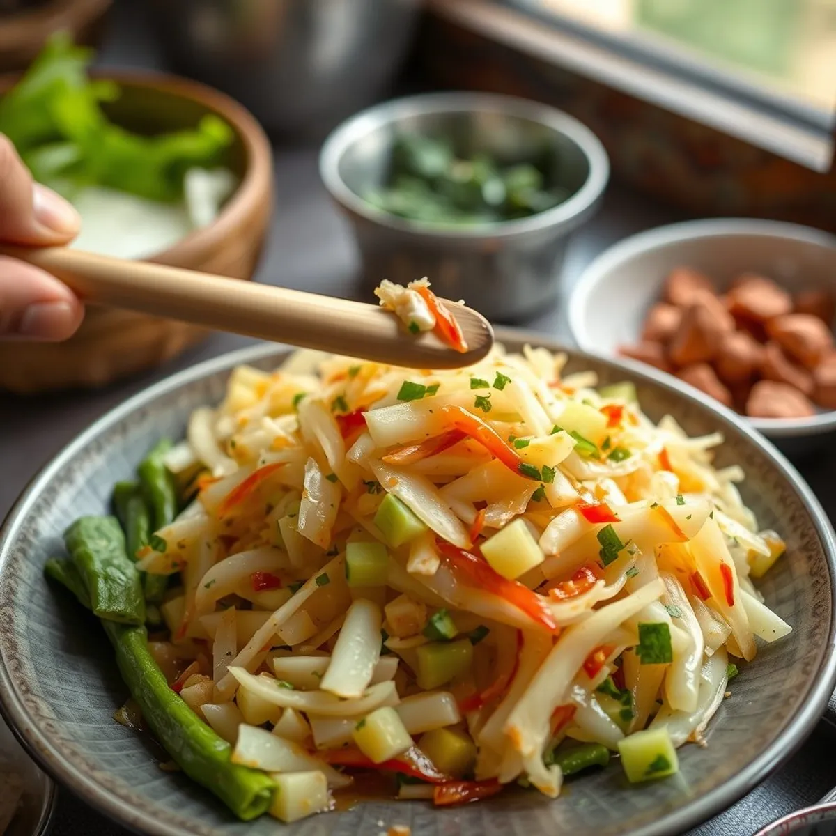 AI-generated photo Green papaya salad, step 2. AI-generated photo.