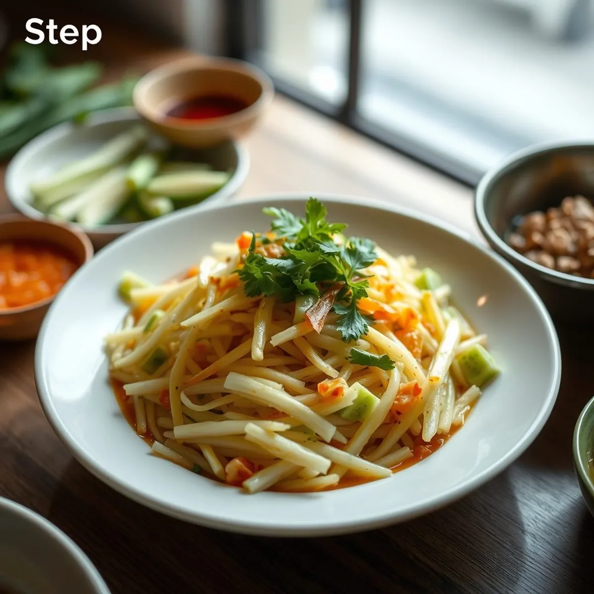 AI-generated photo Green papaya salad, step 4. AI-generated photo.