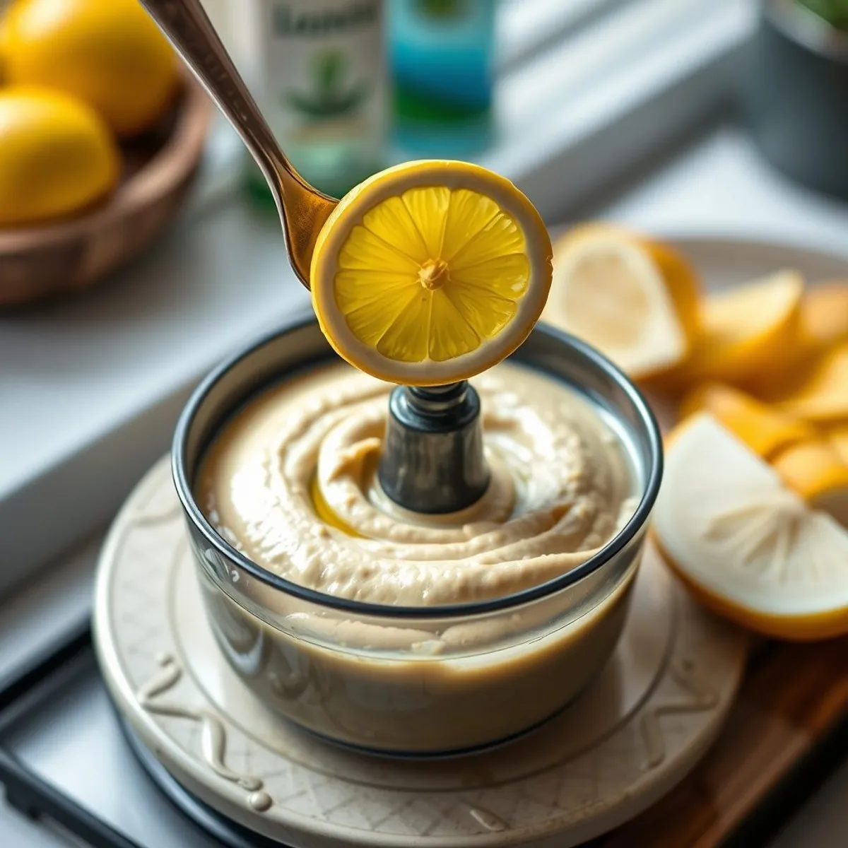 AI-generated photo Lemon Hummus, step 1. AI-generated photo.