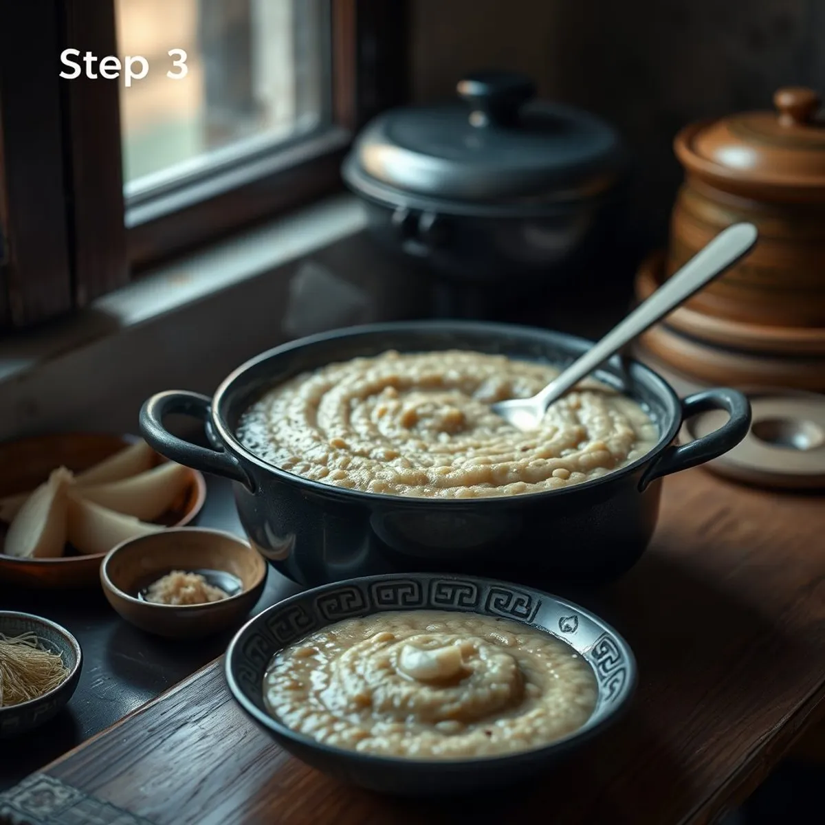 AI-generated photo Bazeen · barley porridge, step 3. AI-generated photo.