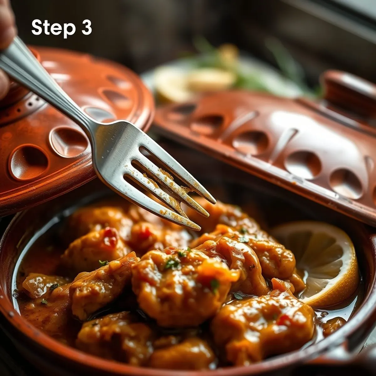 AI-generated photo Chicken tagine with lemon, step 3. AI-generated photo.