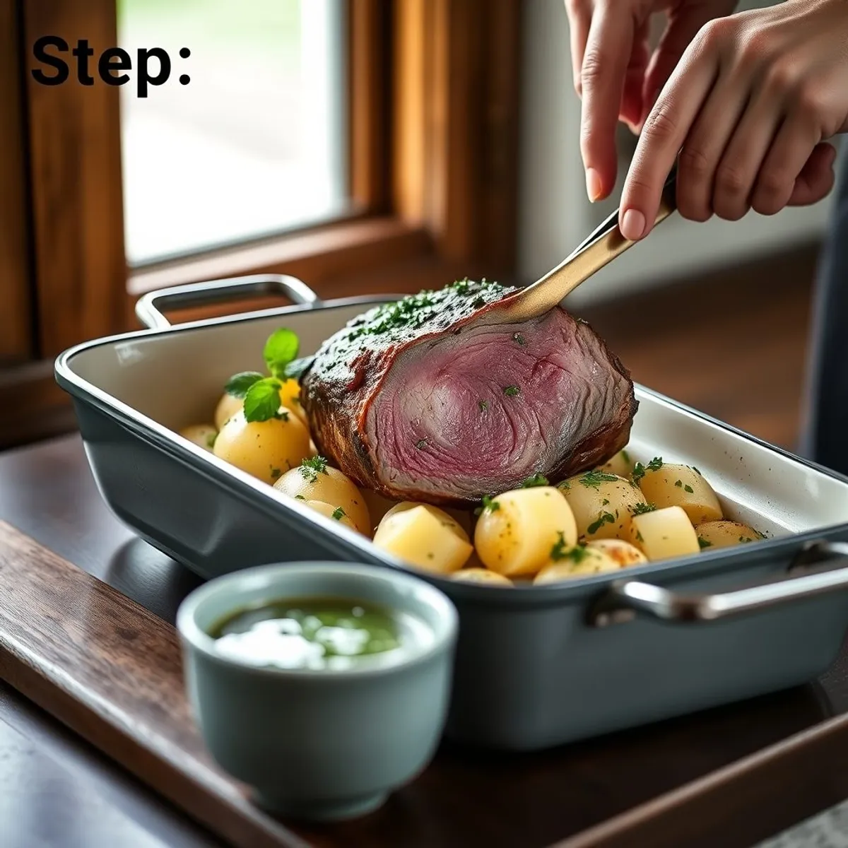 AI-generated photo Roast lamb with mint, step 2. AI-generated photo.