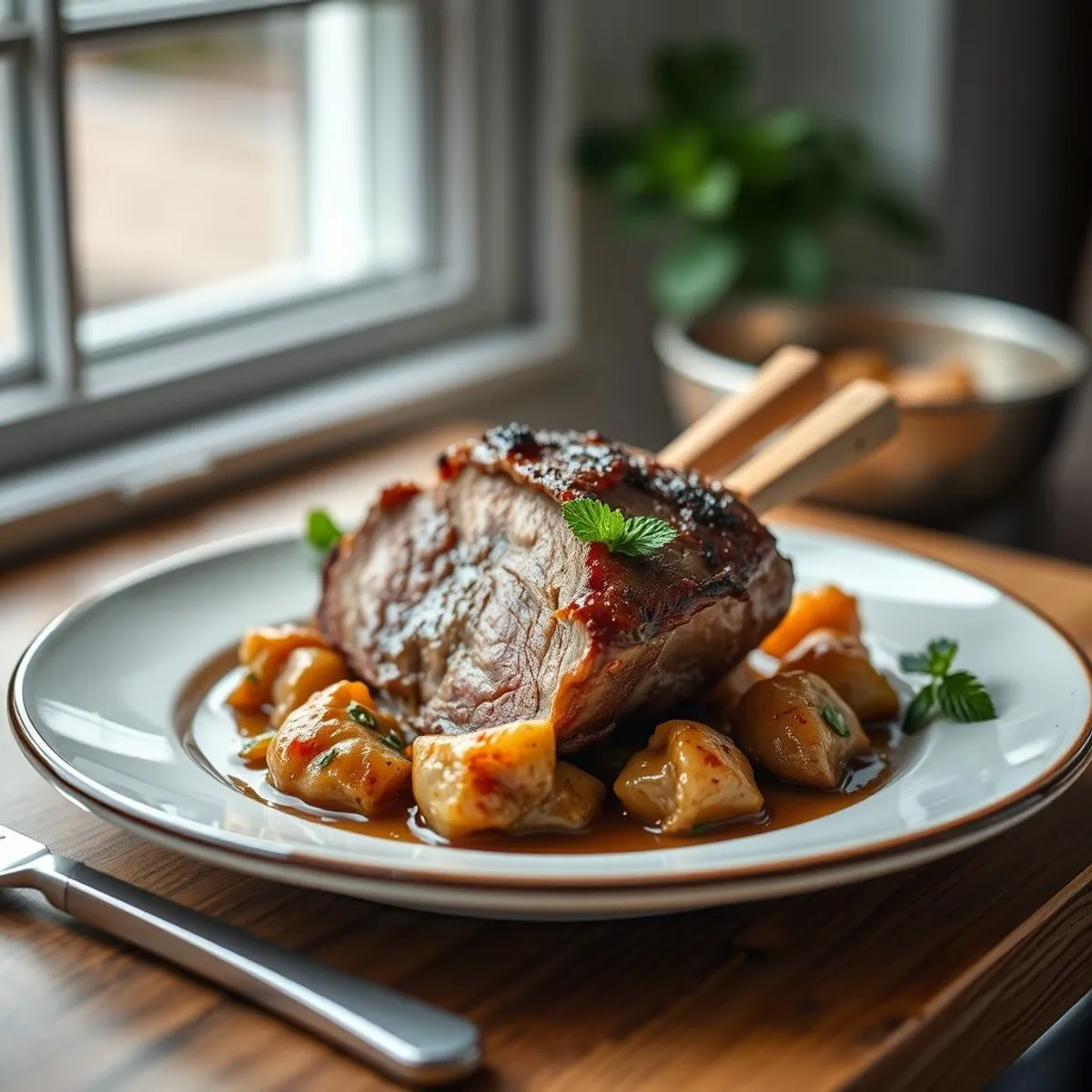 AI-generated photo Roast lamb with mint, step 4. AI-generated photo.