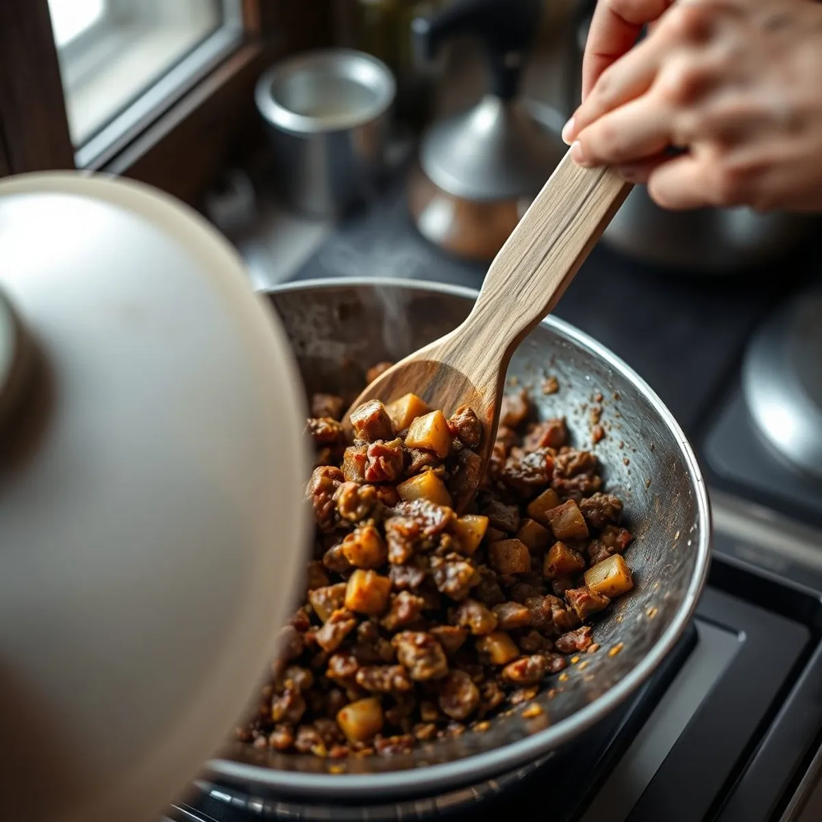 AI-generated photo Aloo keema, step 1. AI-generated photo.