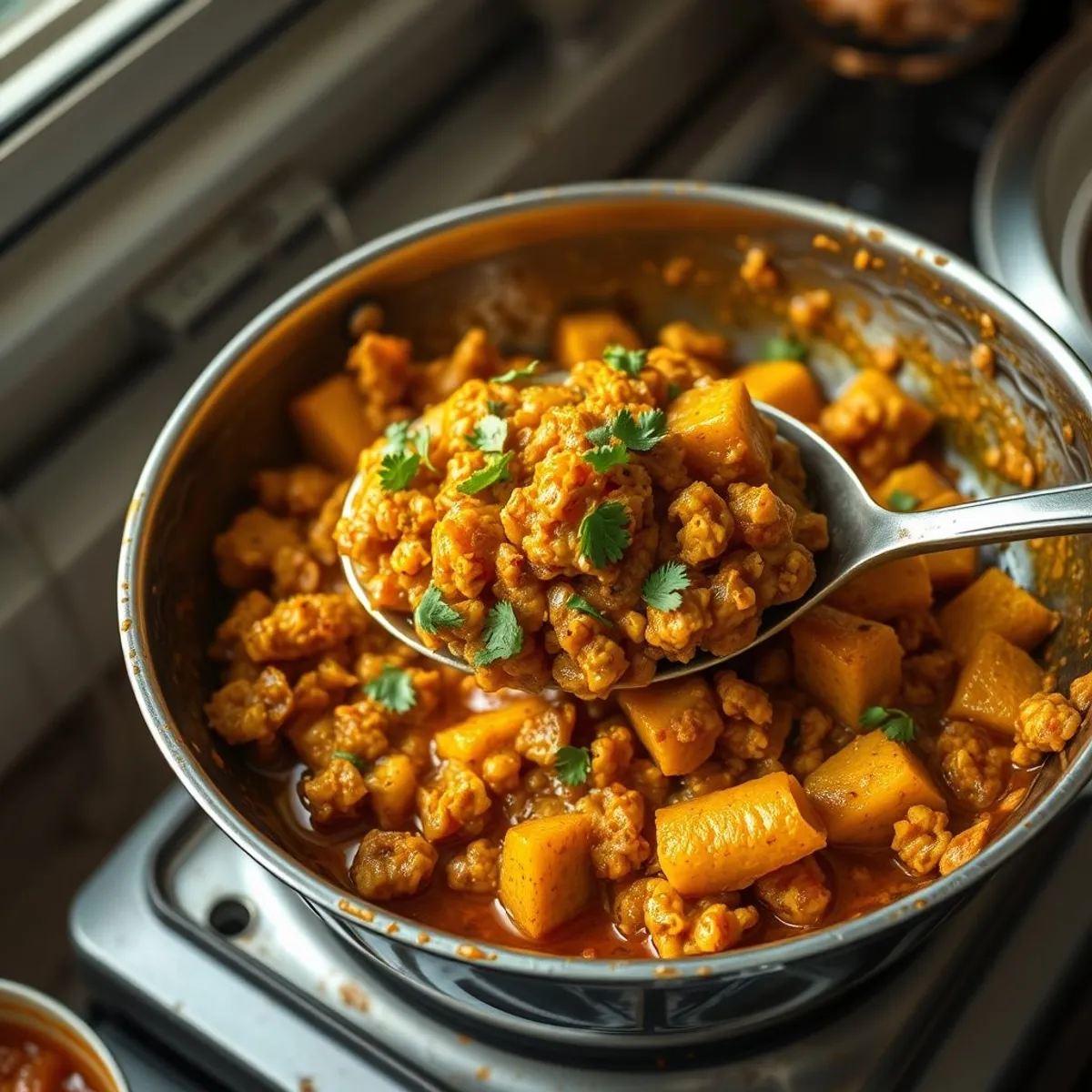 AI-generated photo Aloo keema, step 4. AI-generated photo.