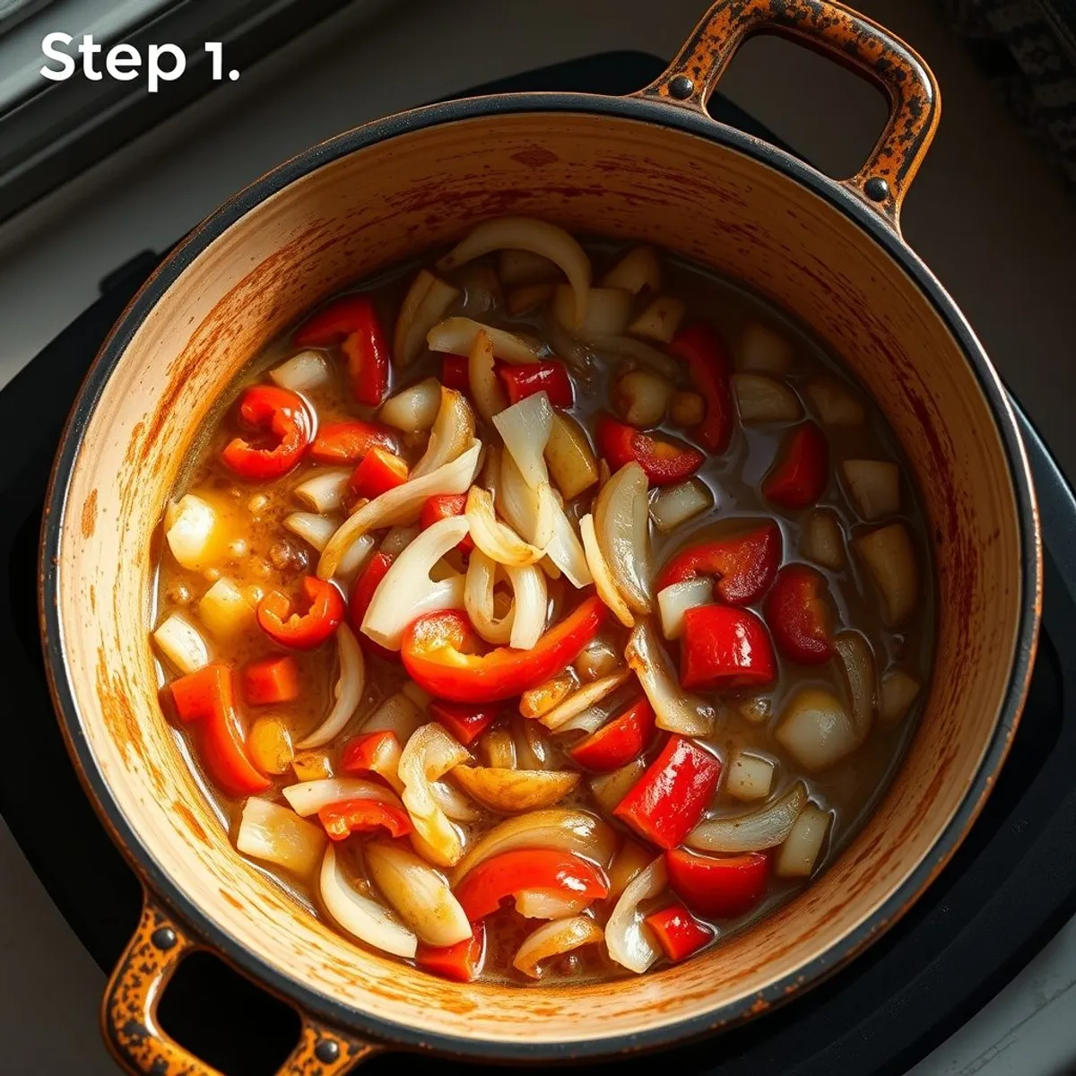 AI-generated photo Pepper Shakshuka, step 1. AI-generated photo.