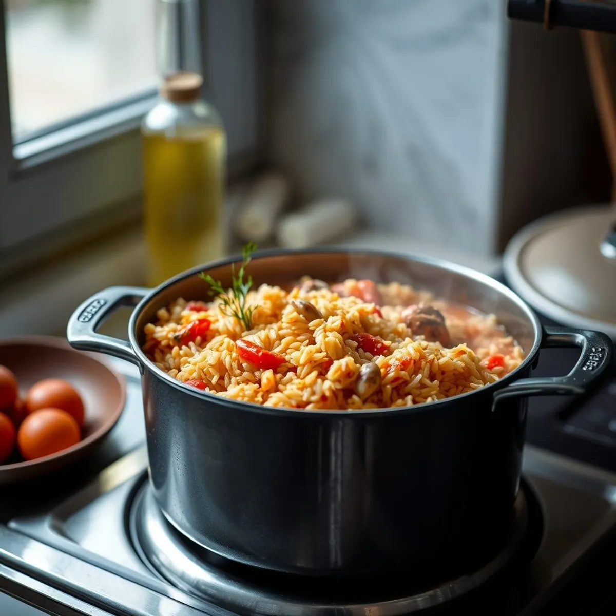 AI-generated photo Tomato rice with seafood, step 1. AI-generated photo.