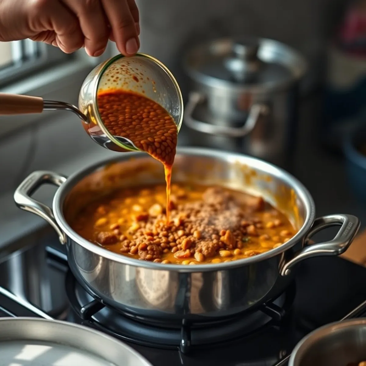 AI-generated photo Red Lentil Tadka, step 4. AI-generated photo.