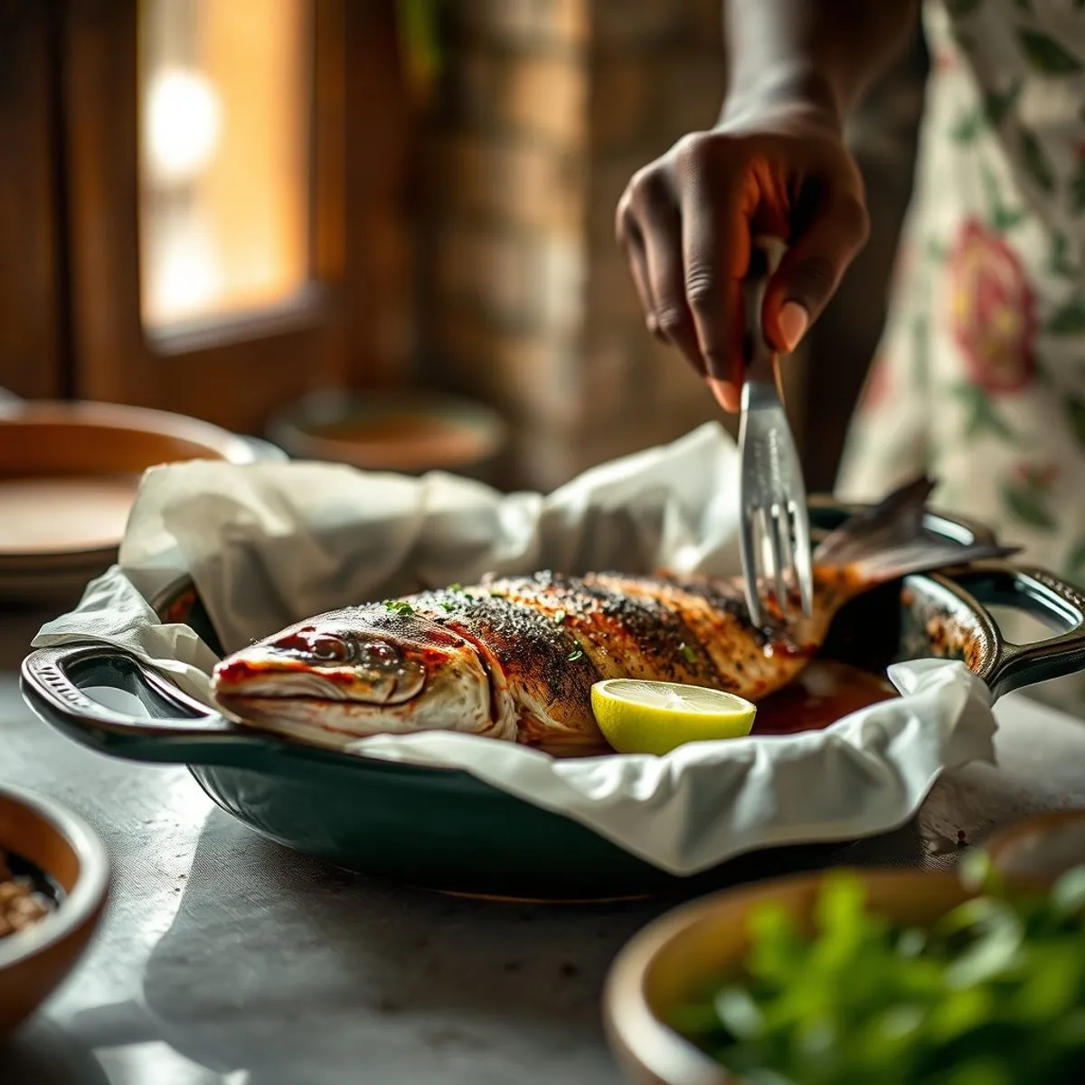 AI-generated photo Grilled fish, step 3. AI-generated photo.