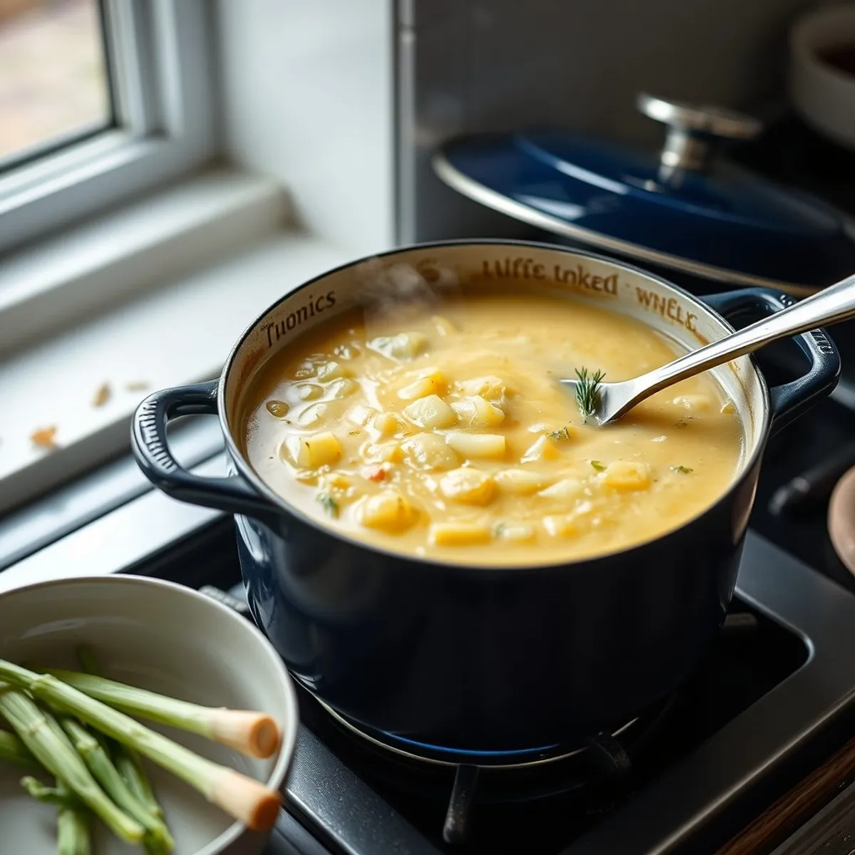 AI-generated photo Potato and leek soup, step 3. AI-generated photo.