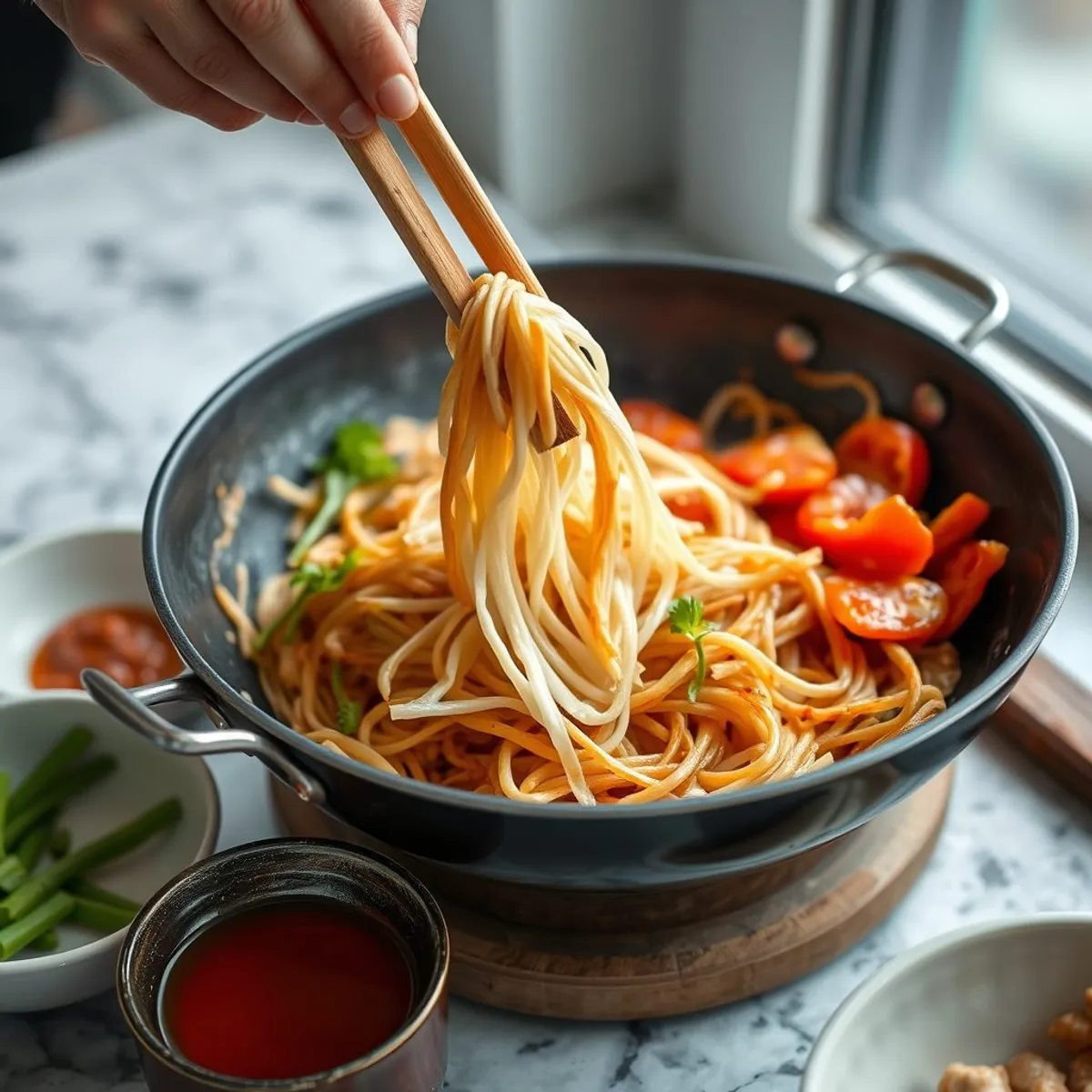 AI-generated photo Char kway teow, step 1. AI-generated photo.