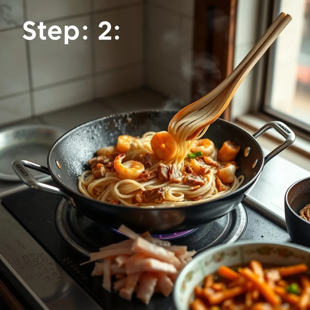 AI-generated photo Char kway teow, step 2. AI-generated photo.