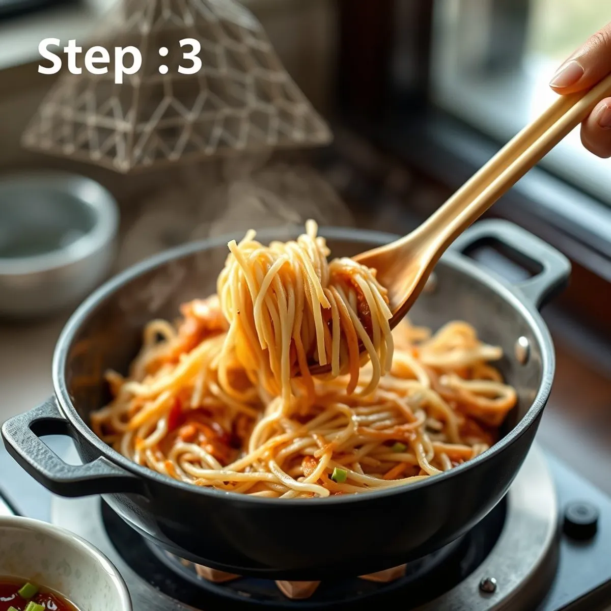 AI-generated photo Char kway teow, step 3. AI-generated photo.