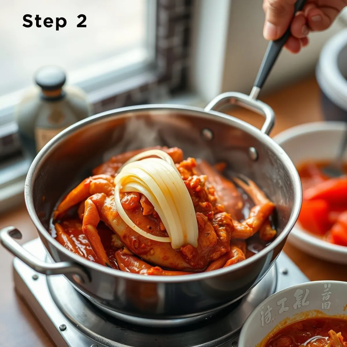 AI-generated photo Chili crab, step 2. AI-generated photo.