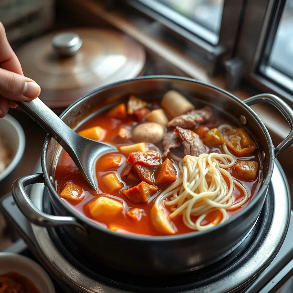 AI-generated photo Budae jjigae, step 2. AI-generated photo.