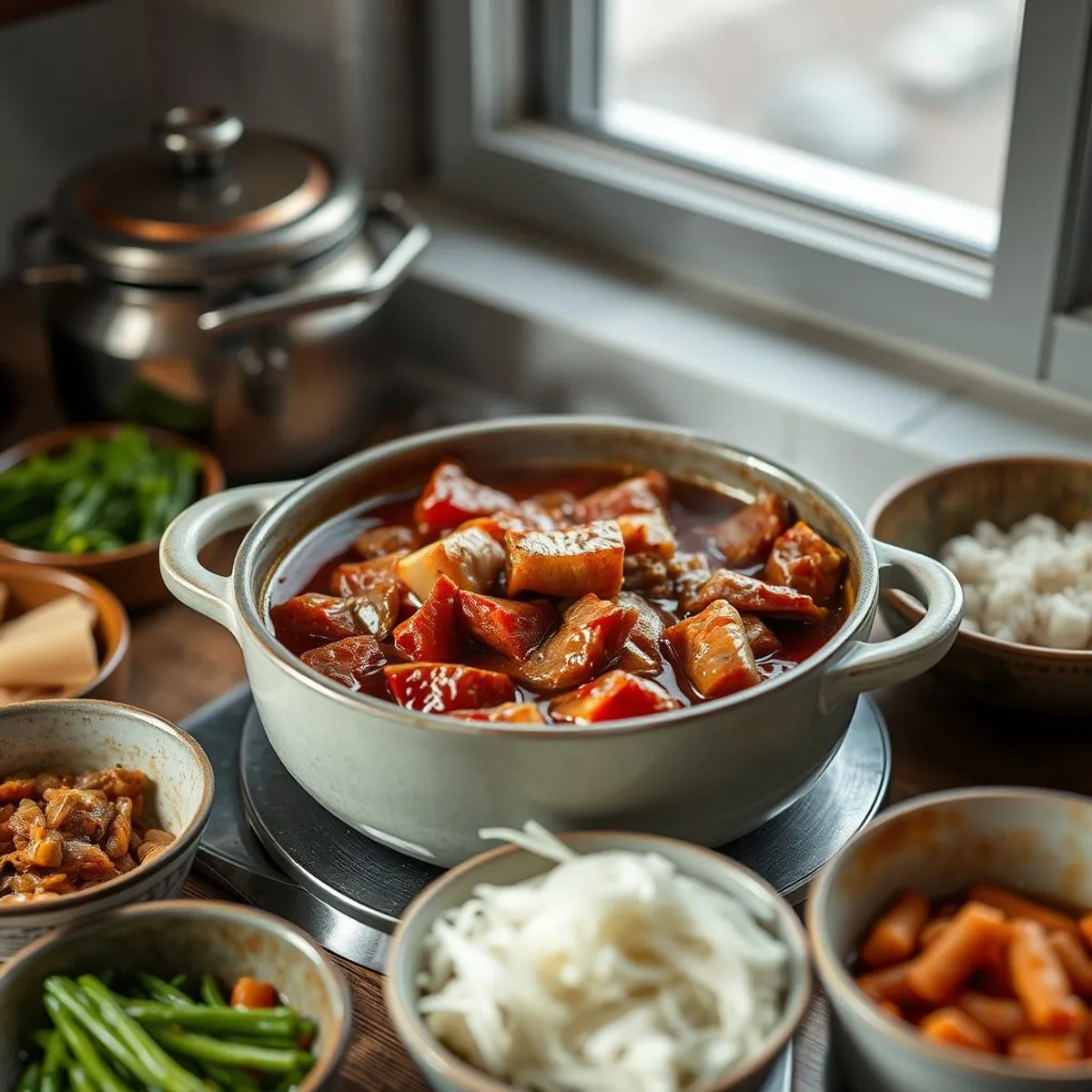 AI-generated photo Budae jjigae, step 4. AI-generated photo.
