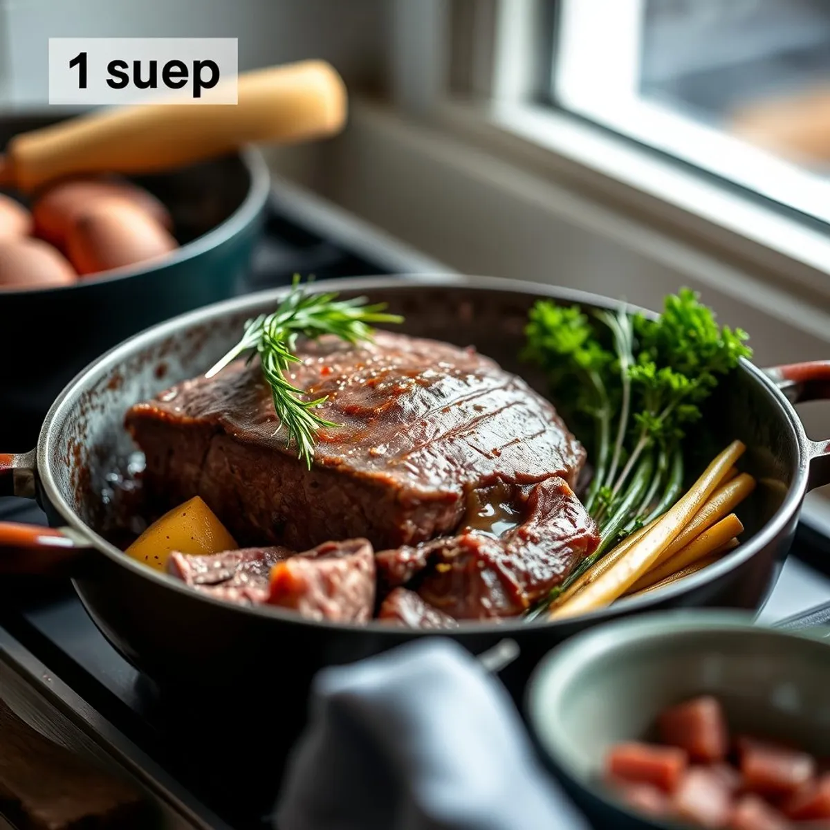 AI-generated photo Sunday roast beef, step 1. AI-generated photo.